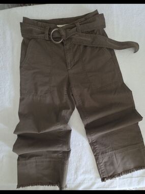 LOFT Olive Green Cropped Utility Cargo Pants Belted Frayed Hem